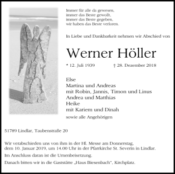 Anzeige von Werner Höller von Kölner Stadt-Anzeiger / Kölnische Rundschau / Express