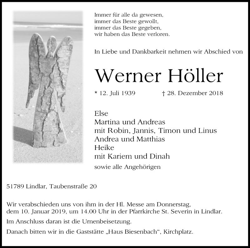  Traueranzeige für Werner Höller vom 05.01.2019 aus Kölner Stadt-Anzeiger / Kölnische Rundschau / Express