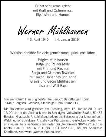Anzeige von Werner Mühlhausen von Kölner Stadt-Anzeiger / Kölnische Rundschau / Express