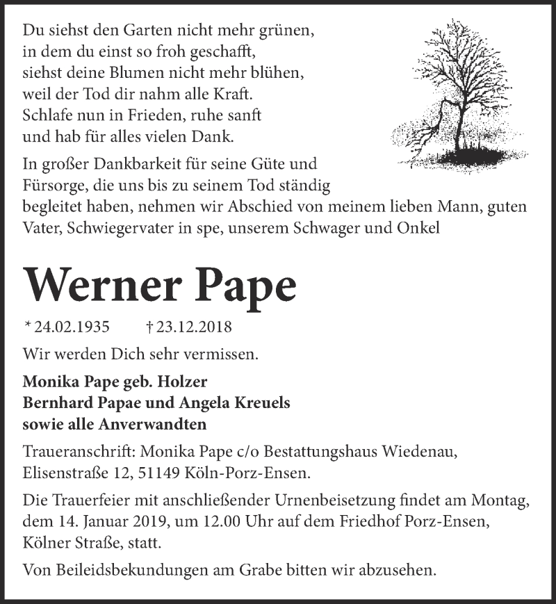  Traueranzeige für Werner Pape vom 09.01.2019 aus  Kölner Wochenspiegel 