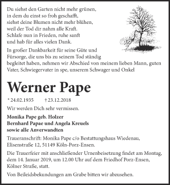 Anzeige von Werner Pape von  Kölner Wochenspiegel 