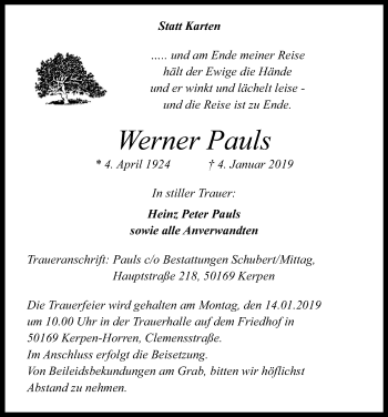 Anzeige von Werner Pauls von Kölner Stadt-Anzeiger / Kölnische Rundschau / Express