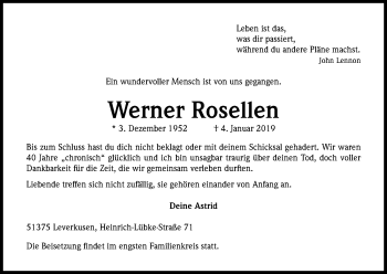 Anzeige von Werner Rosellen von Kölner Stadt-Anzeiger / Kölnische Rundschau / Express