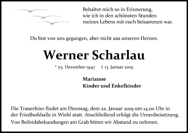  Traueranzeige für Werner Scharlau vom 19.01.2019 aus Kölner Stadt-Anzeiger / Kölnische Rundschau / Express