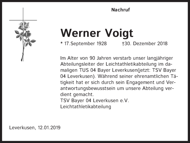  Traueranzeige für Werner Voigt vom 12.01.2019 aus Kölner Stadt-Anzeiger / Kölnische Rundschau / Express