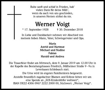 Anzeige von Werner Voigt von Kölner Stadt-Anzeiger / Kölnische Rundschau / Express