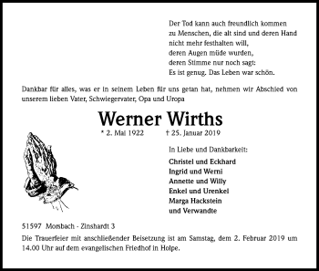 Anzeige von Werner Wirths von Kölner Stadt-Anzeiger / Kölnische Rundschau / Express