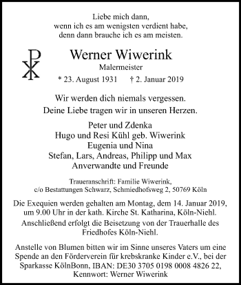 Anzeige von Werner Wiwerink von Kölner Stadt-Anzeiger / Kölnische Rundschau / Express