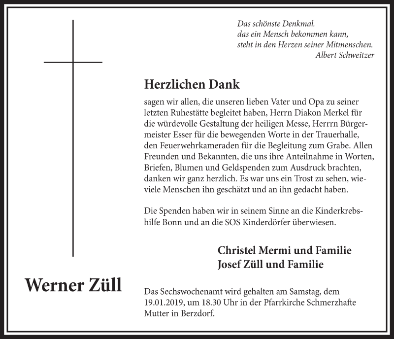  Traueranzeige für Werner Züll vom 09.01.2019 aus  Schlossbote/Werbekurier 