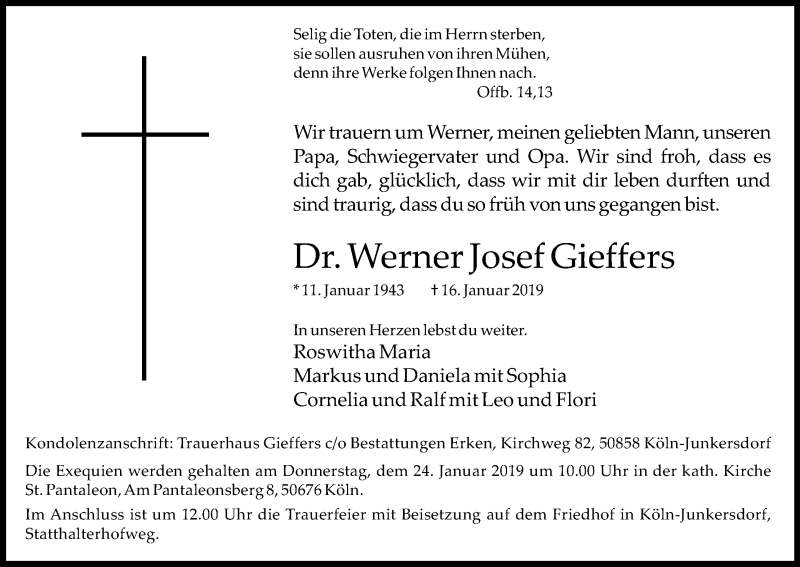 Traueranzeige für Werner Josef Gieffers vom 19.01.2019 aus Kölner Stadt-Anzeiger / Kölnische Rundschau / Express