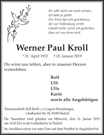 Anzeige von Werner Paul Kroll von  Sonntags-Post 
