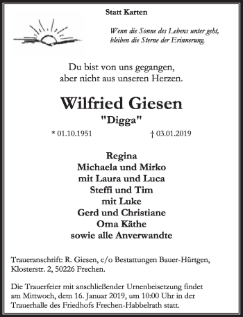 Anzeige von Wilfried Giesen von  Sonntags-Post 