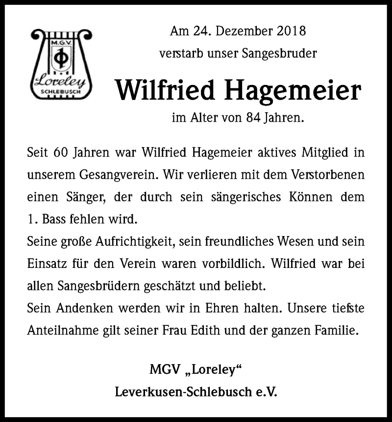  Traueranzeige für Wilfried Hagemeier vom 04.01.2019 aus Kölner Stadt-Anzeiger / Kölnische Rundschau / Express