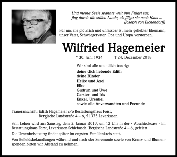 Anzeige von Wilfried Hagemeier von Kölner Stadt-Anzeiger / Kölnische Rundschau / Express