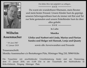 Anzeige von Wilhelm Assenmacher von Kölner Stadt-Anzeiger / Kölnische Rundschau / Express