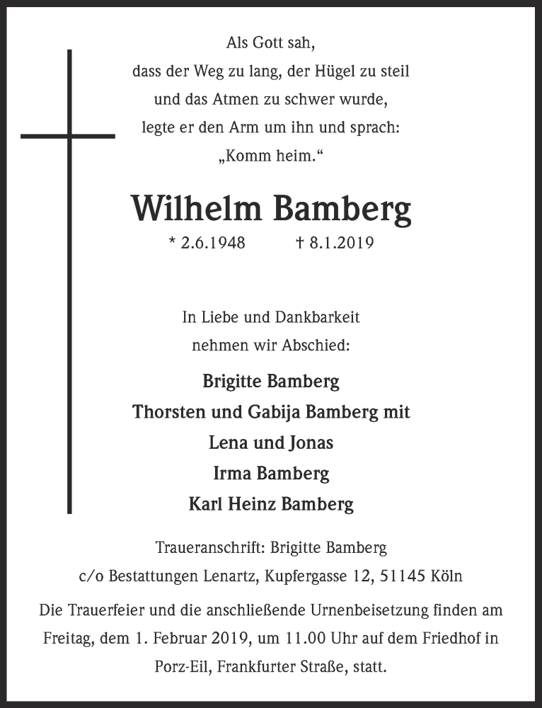  Traueranzeige für Wilhelm Bamberg vom 23.01.2019 aus  Kölner Wochenspiegel 