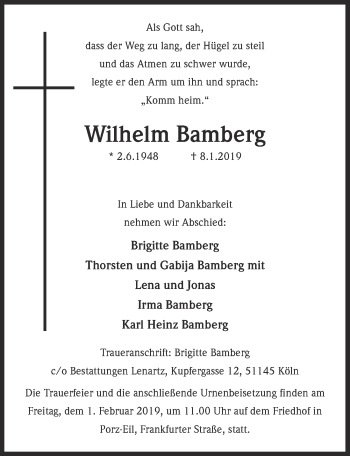 Anzeige von Wilhelm Bamberg von  Kölner Wochenspiegel 