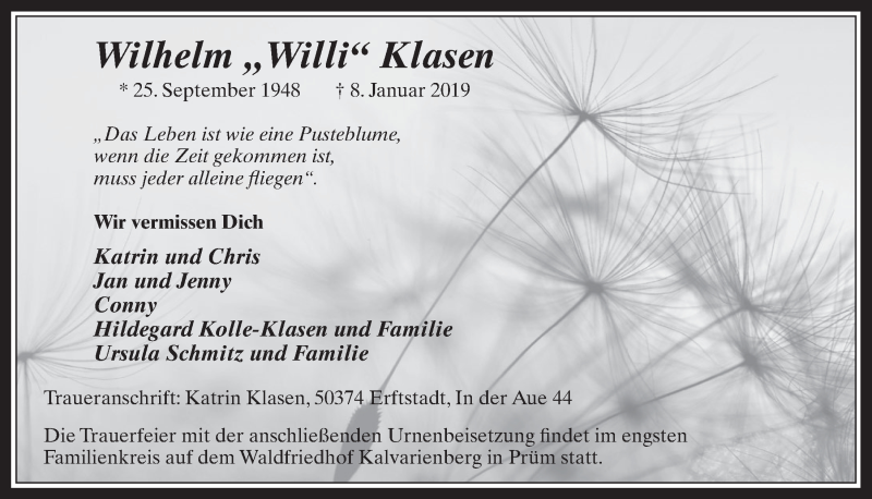 Traueranzeige für Wilhelm  Klasen vom 23.01.2019 aus  Werbepost 