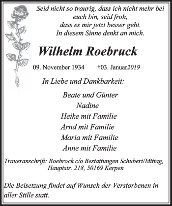 Anzeige von Wilhelm Roebruck von  Sonntags-Post 
