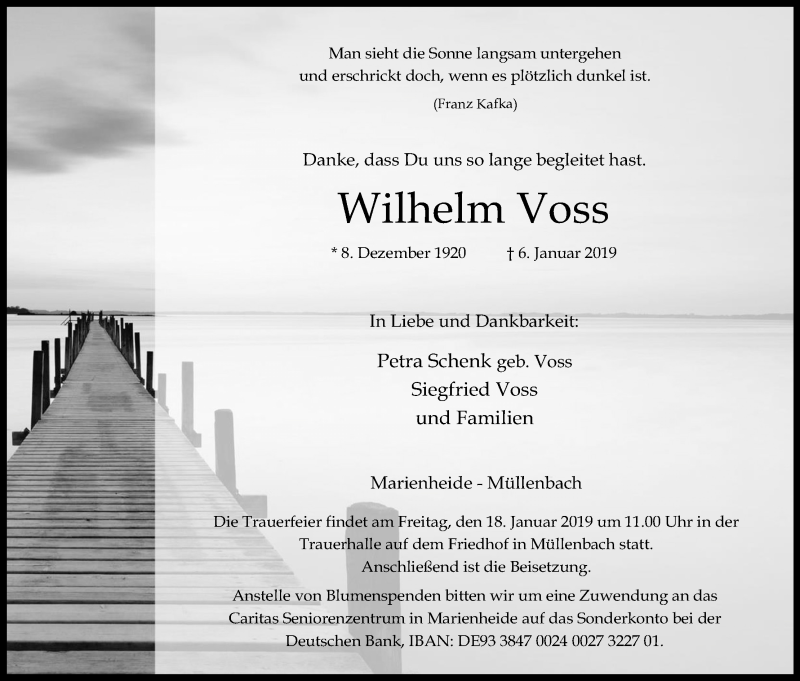  Traueranzeige für Wilhelm Voss vom 15.01.2019 aus Kölner Stadt-Anzeiger / Kölnische Rundschau / Express
