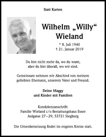 Anzeige von Wilhelm Wieland von Kölner Stadt-Anzeiger / Kölnische Rundschau / Express