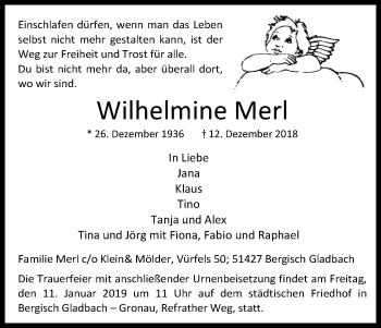 Anzeige von Wilhelmine Merl von Kölner Stadt-Anzeiger / Kölnische Rundschau / Express