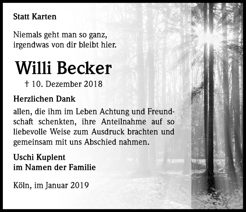  Traueranzeige für Willi Becker vom 19.01.2019 aus Kölner Stadt-Anzeiger / Kölnische Rundschau / Express