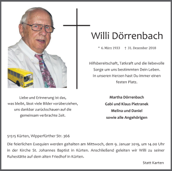Anzeige von Willi Dörrenbach von Kölner Stadt-Anzeiger / Kölnische Rundschau / Express