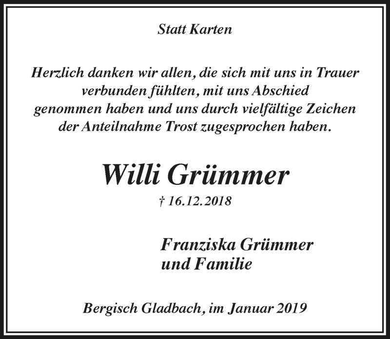  Traueranzeige für Willi Grümmer vom 30.01.2019 aus  Bergisches Handelsblatt 