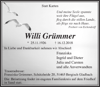 Anzeige von Willi Grümmer von  Bergisches Handelsblatt 