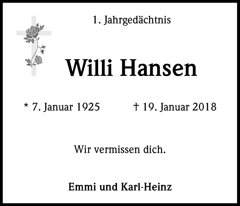  Traueranzeige für Willi Hansen vom 19.01.2019 aus Kölner Stadt-Anzeiger / Kölnische Rundschau / Express