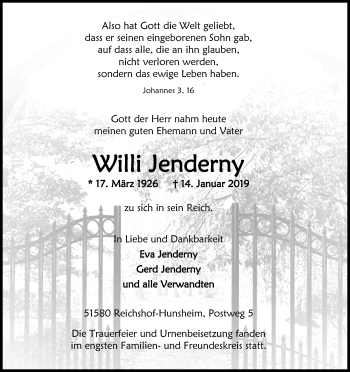 Anzeige von Willi Jenderny von Kölner Stadt-Anzeiger / Kölnische Rundschau / Express