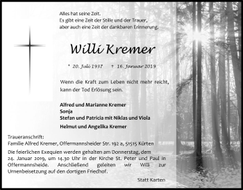 Anzeige von Willi Kremer von Kölner Stadt-Anzeiger / Kölnische Rundschau / Express