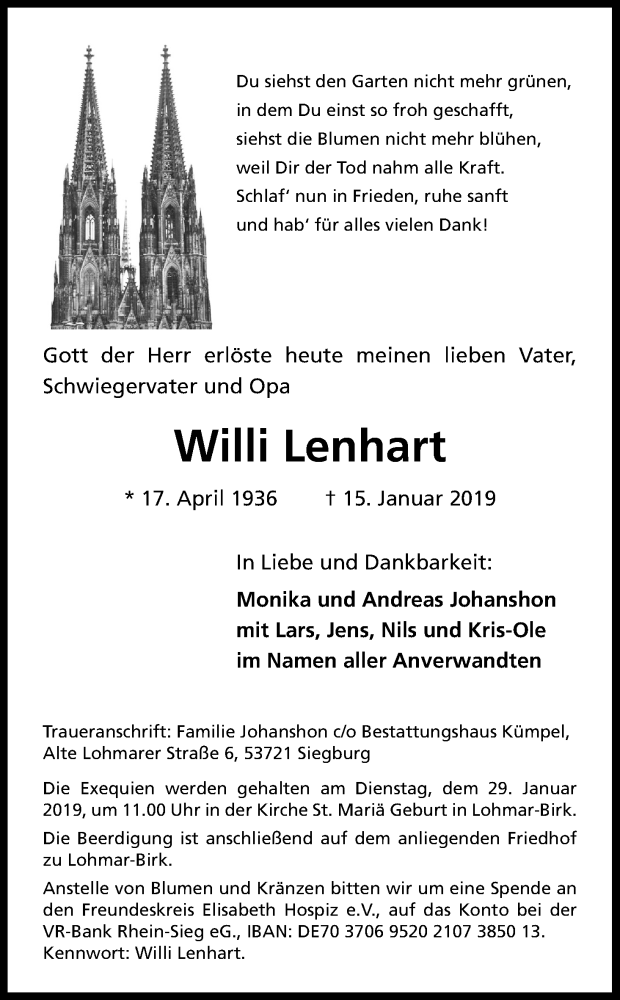  Traueranzeige für Willi Lenhart vom 19.01.2019 aus Kölner Stadt-Anzeiger / Kölnische Rundschau / Express