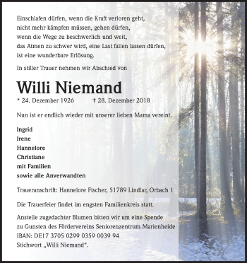 Anzeige von Willi Niemand von Kölner Stadt-Anzeiger / Kölnische Rundschau / Express