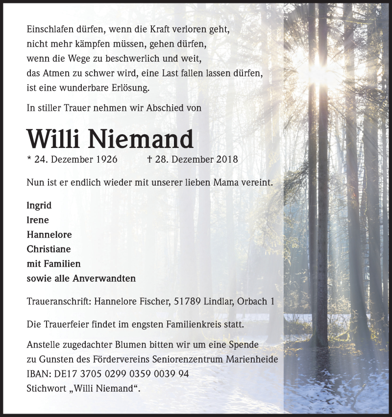  Traueranzeige für Willi Niemand vom 03.01.2019 aus Kölner Stadt-Anzeiger / Kölnische Rundschau / Express