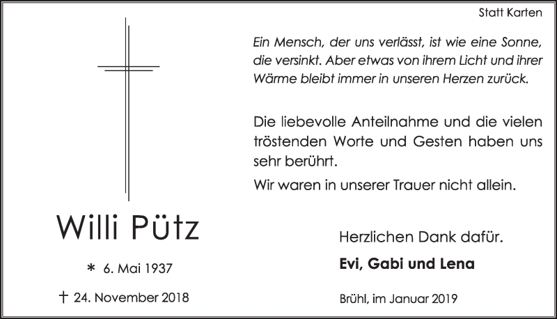  Traueranzeige für Willi Pütz vom 09.01.2019 aus  Schlossbote/Werbekurier 