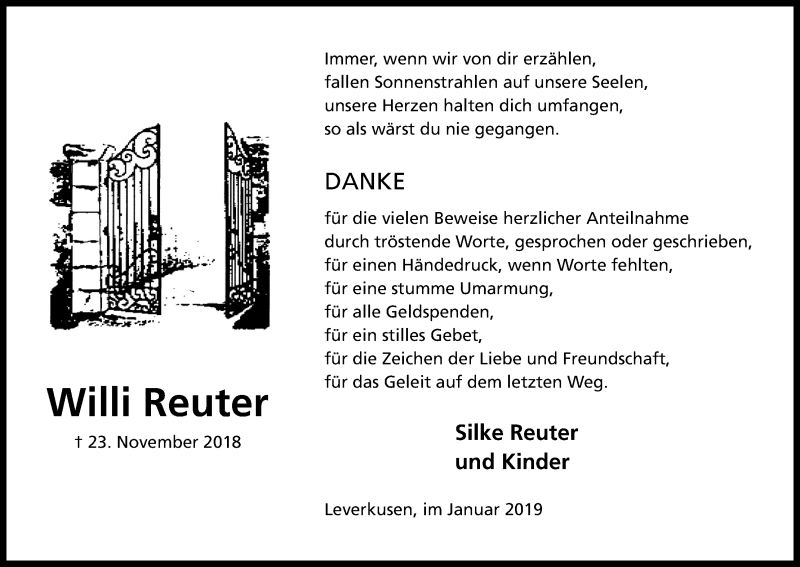  Traueranzeige für Willi Reuter vom 19.01.2019 aus Kölner Stadt-Anzeiger / Kölnische Rundschau / Express