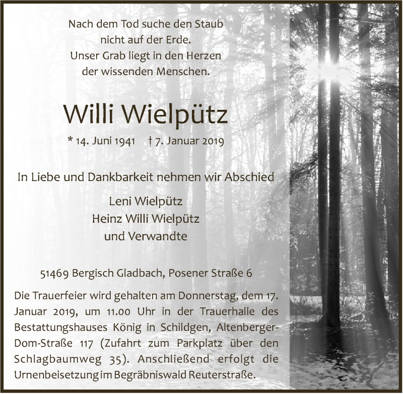  Traueranzeige für Willi Wielpütz vom 09.01.2019 aus  Bergisches Handelsblatt 