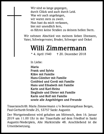 Anzeige von Willi Zimmermann von Kölner Stadt-Anzeiger / Kölnische Rundschau / Express