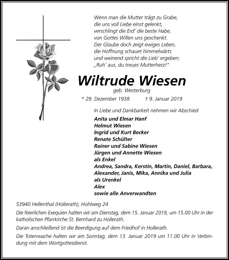  Traueranzeige für Wiltrude Wiesen vom 12.01.2019 aus Kölner Stadt-Anzeiger / Kölnische Rundschau / Express
