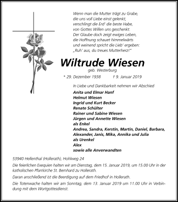 Anzeige von Wiltrude Wiesen von Kölner Stadt-Anzeiger / Kölnische Rundschau / Express