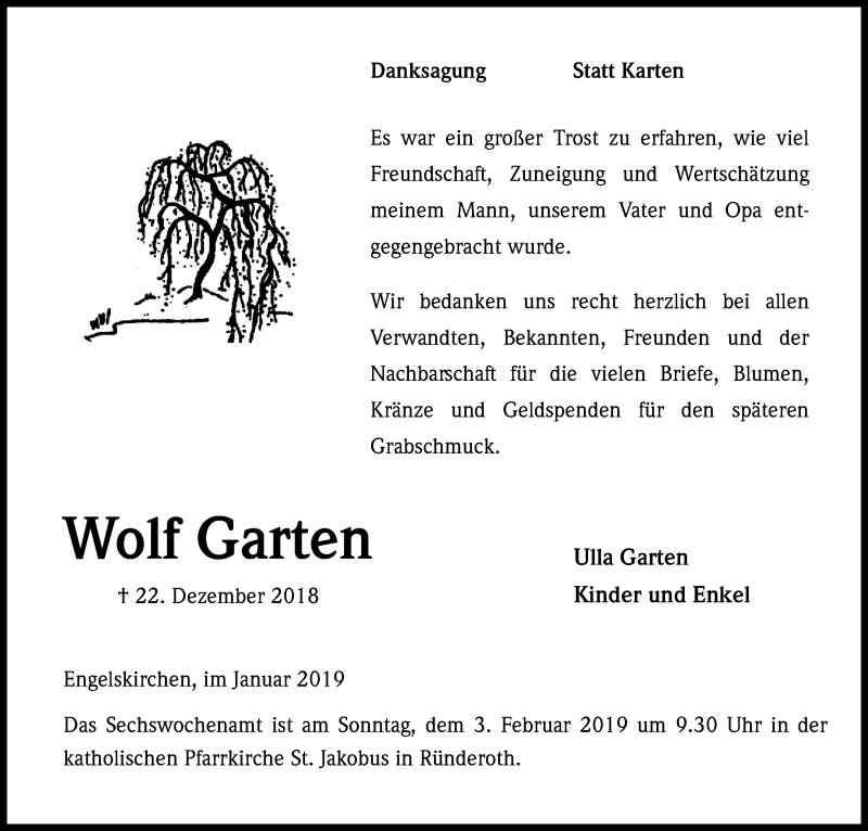  Traueranzeige für Wolf Garten vom 26.01.2019 aus Kölner Stadt-Anzeiger / Kölnische Rundschau / Express