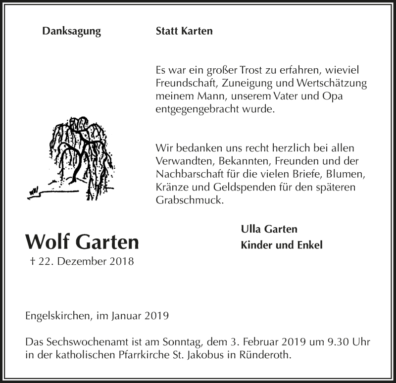  Traueranzeige für Wolf Garten vom 30.01.2019 aus  Anzeigen Echo 