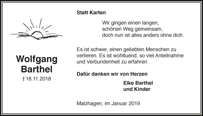  Traueranzeige für Wolfgang Barthel vom 16.01.2019 aus  Anzeigen Echo  Lokalanzeiger 