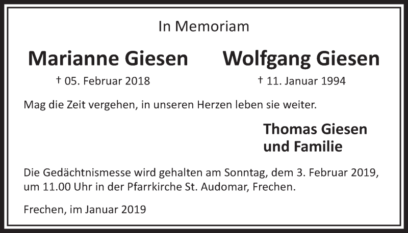  Traueranzeige für Wolfgang Giesen vom 26.01.2019 aus  Sonntags-Post 