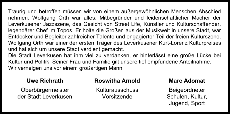  Traueranzeige für Wolfgang Orth vom 19.01.2019 aus Kölner Stadt-Anzeiger / Kölnische Rundschau / Express