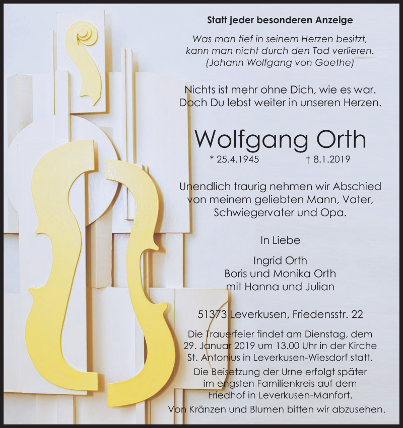  Traueranzeige für Wolfgang Orth vom 19.01.2019 aus Kölner Stadt-Anzeiger / Kölnische Rundschau / Express