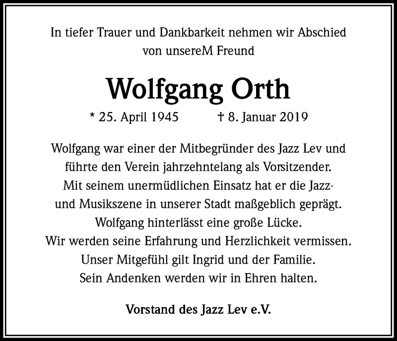  Traueranzeige für Wolfgang Orth vom 19.01.2019 aus Kölner Stadt-Anzeiger / Kölnische Rundschau / Express