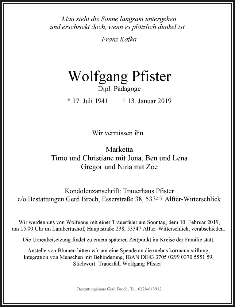  Traueranzeige für Wolfgang Pfister vom 30.01.2019 aus  Schaufenster/Blickpunkt am Wochenende 